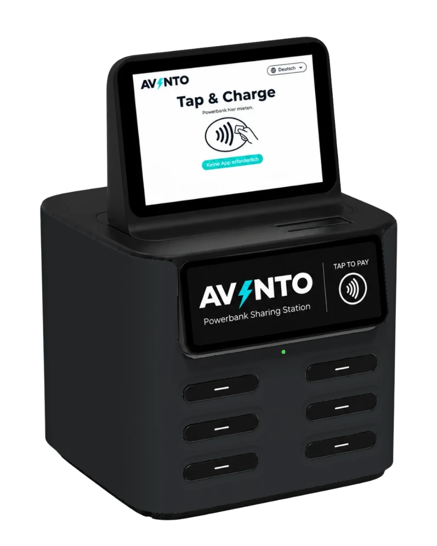 Avynto Powerbank Station mit integriertem POS-Terminal, Display und sechs Slots